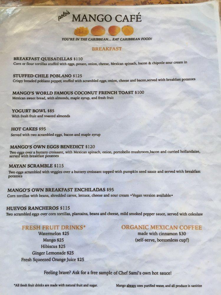 Menu at Mango Cafe, Isla Mujeres
