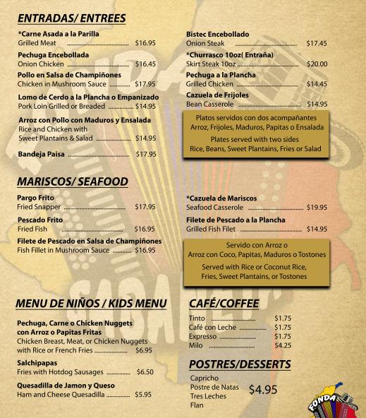 Menu at Fonda restaurant, Miami
