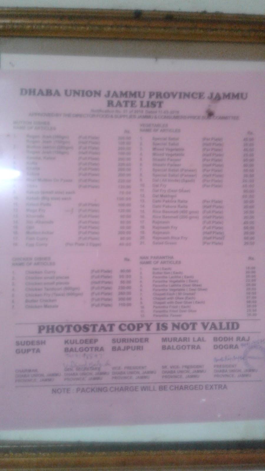 Menu at OM Fauji Dhaba, Jammu