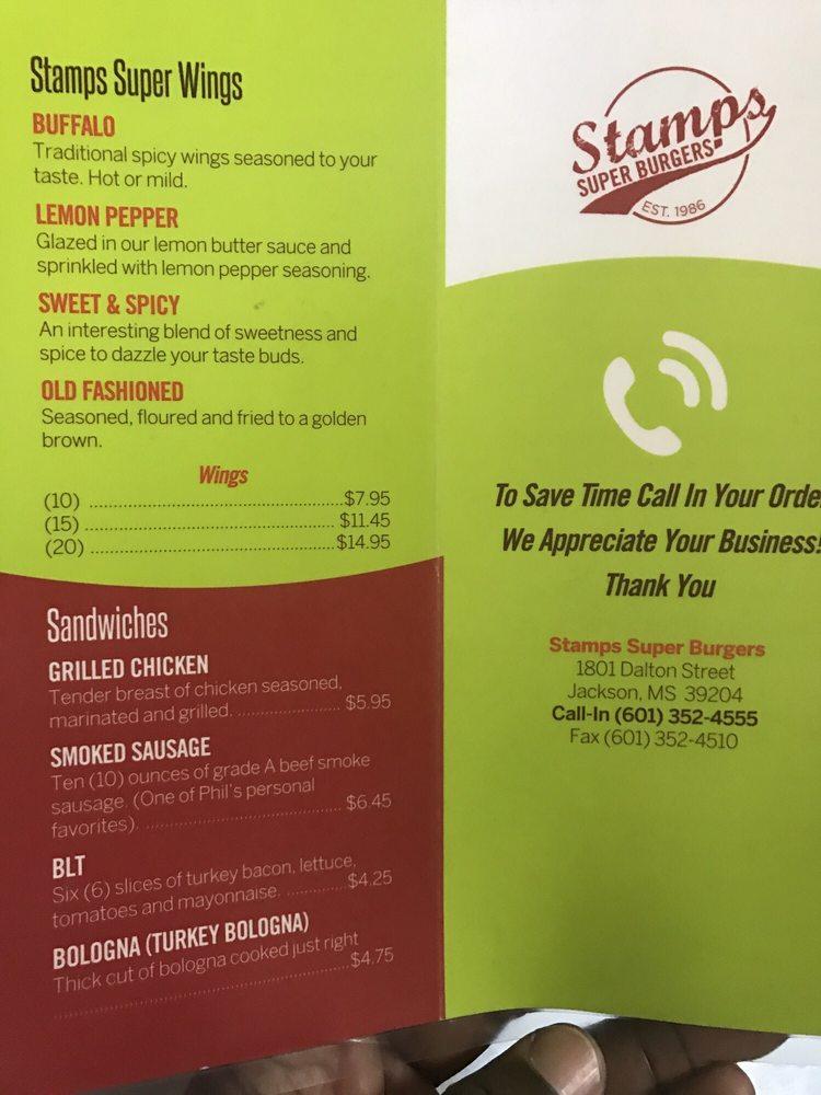 Menu at Stamps Super Burgers restaurant, Jackson, Dalton St