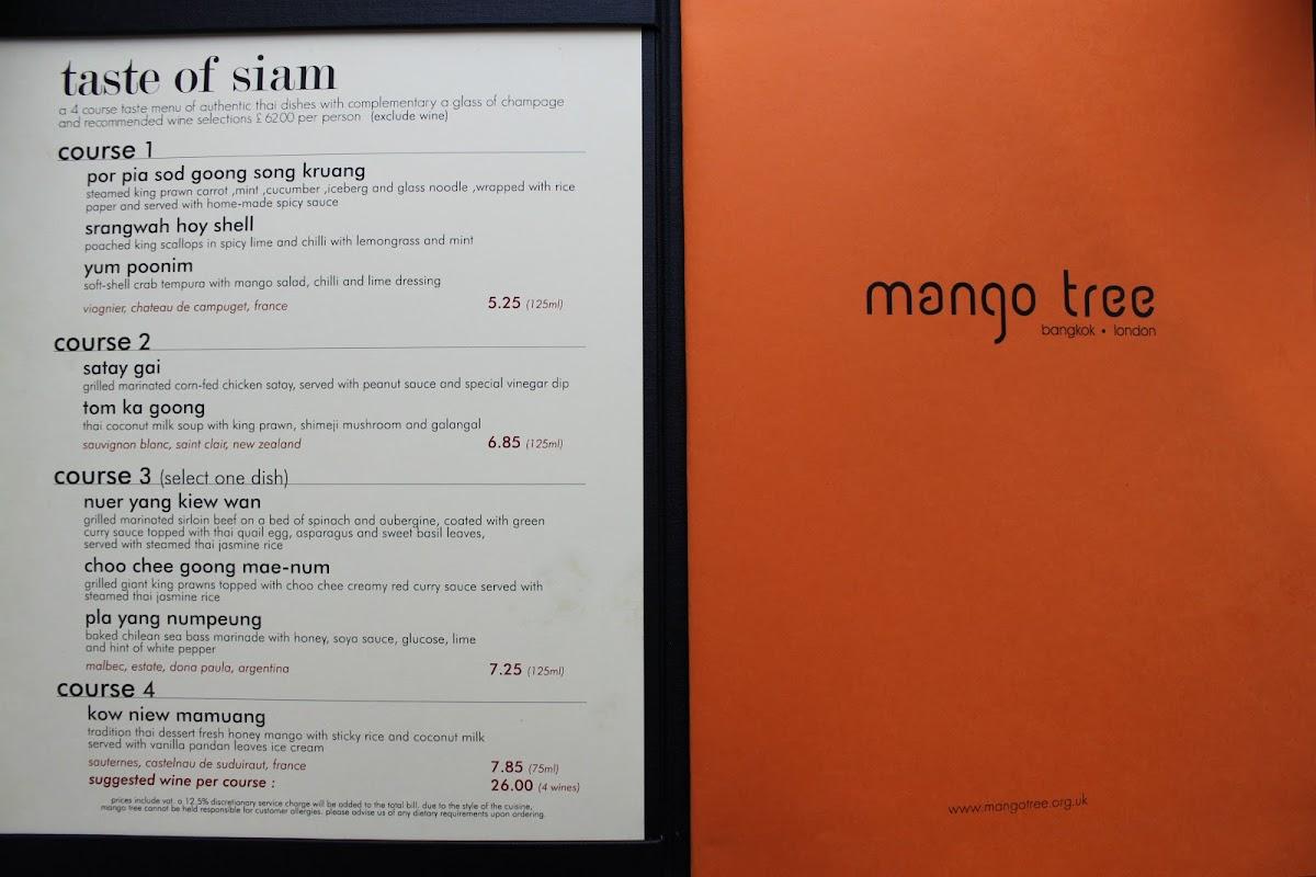 Menu at Mango Tree restaurant, London, 46 Grosvenor Pl