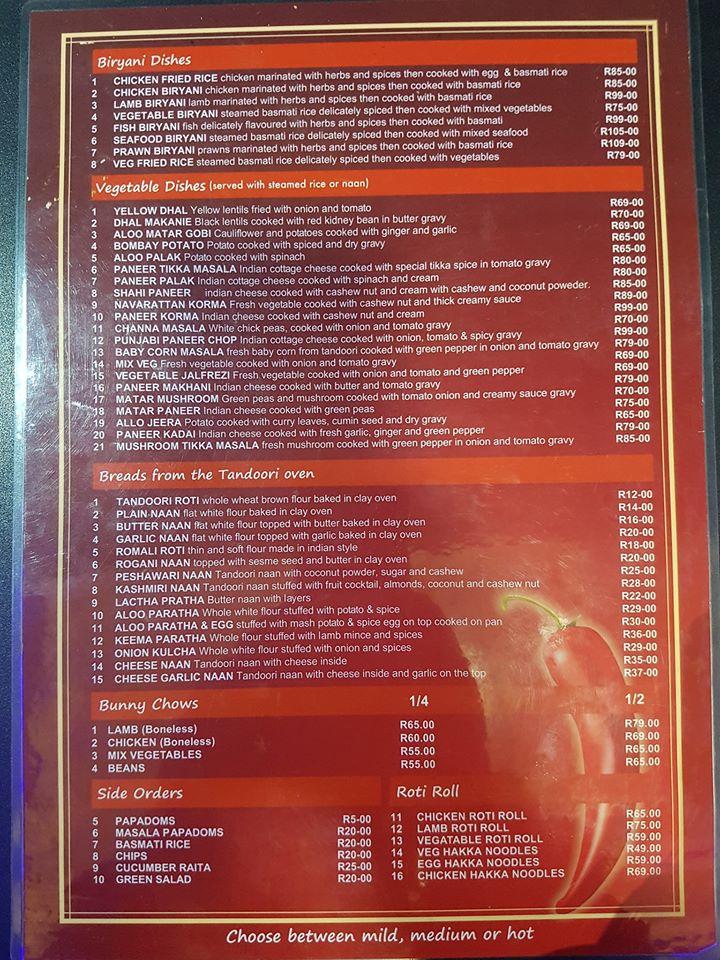 Menu at Red Chilli Indian Restaurant, Boksburg