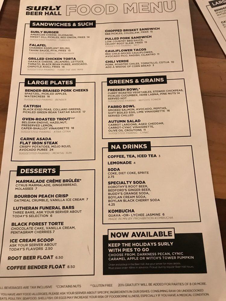 Menu at Surly Brewing Co. pizzeria, Minneapolis
