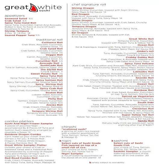 Menu at Great White Sushi restaurant, Sea Bright