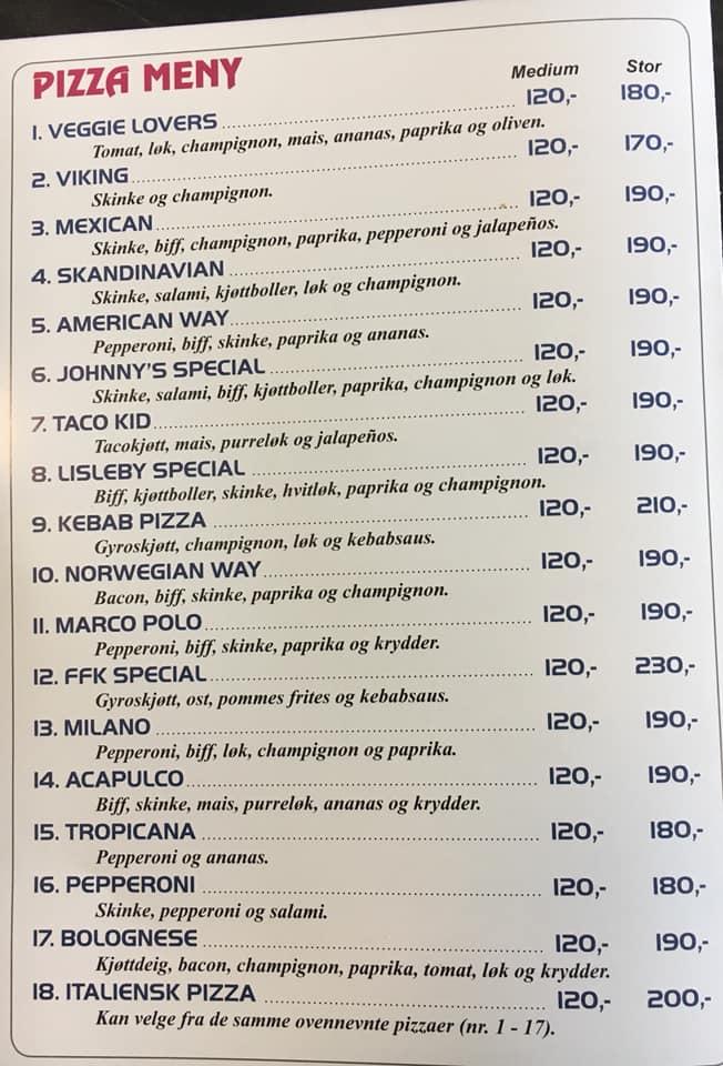 Menu at Johnny's pizza pizzeria, Fredrikstad