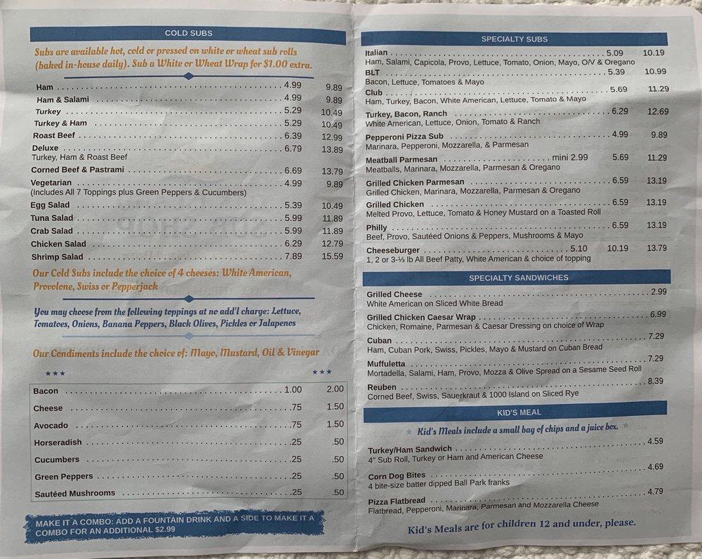 Menu at Oak Island Sub Shop fast food, Oak Island