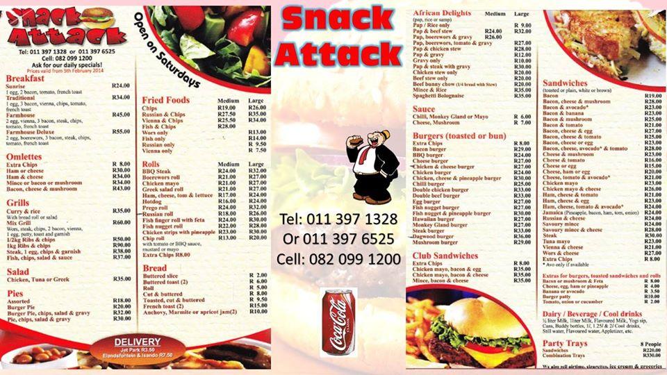 Menu at Snack Attack cafe, Boksburg, Burry Koen St