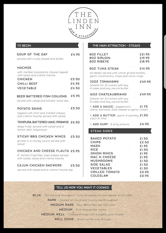Menu at The Linden Inn Bar & Steakhouse, Stirling