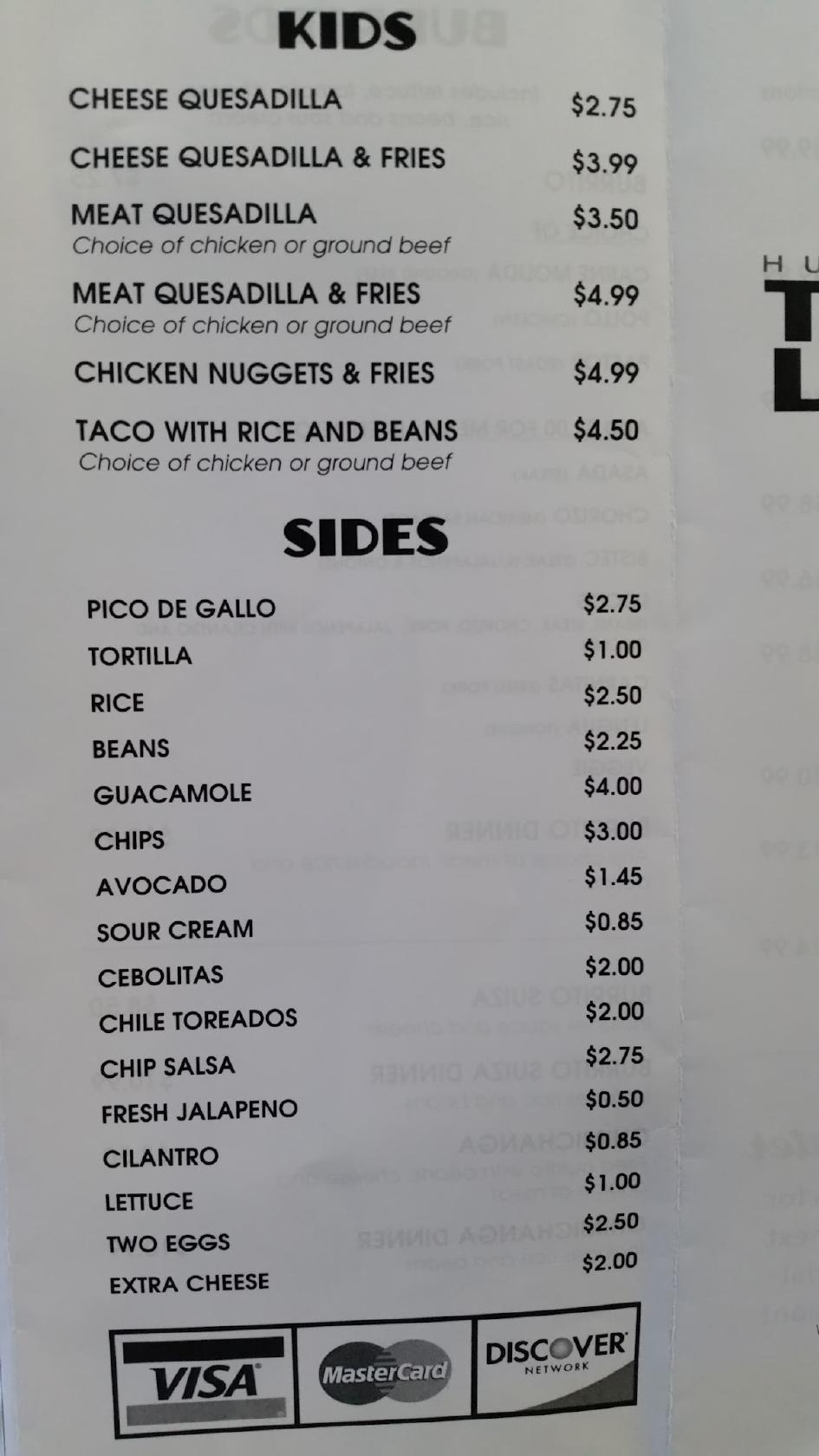 Menu at Huntley's Tacos Locos restaurant, Huntley