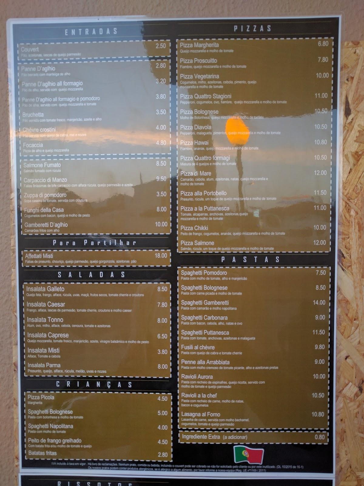 Menu at Portobello restaurant, Albufeira