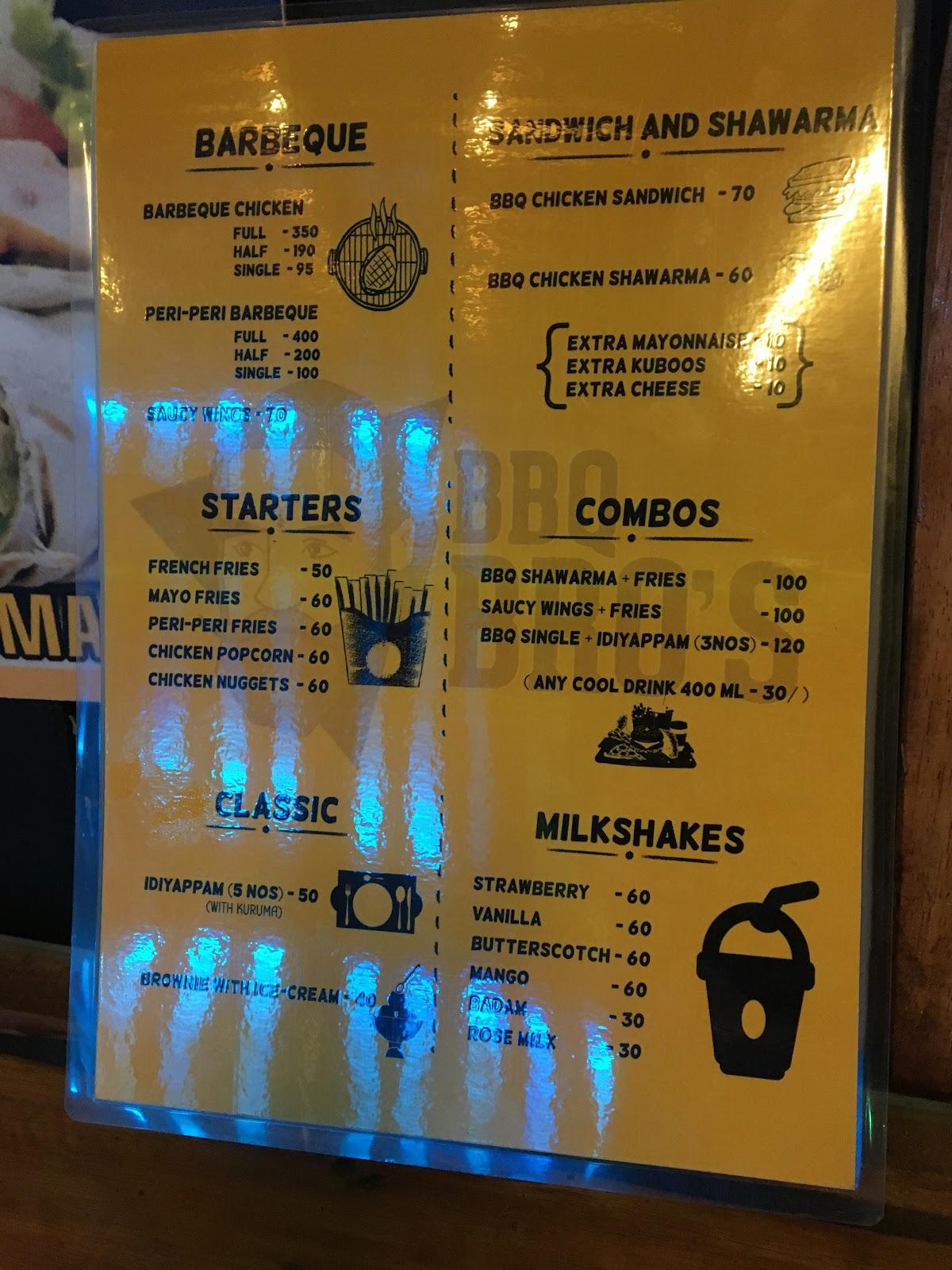 Menu at BBQ BRO'S, Chennai
