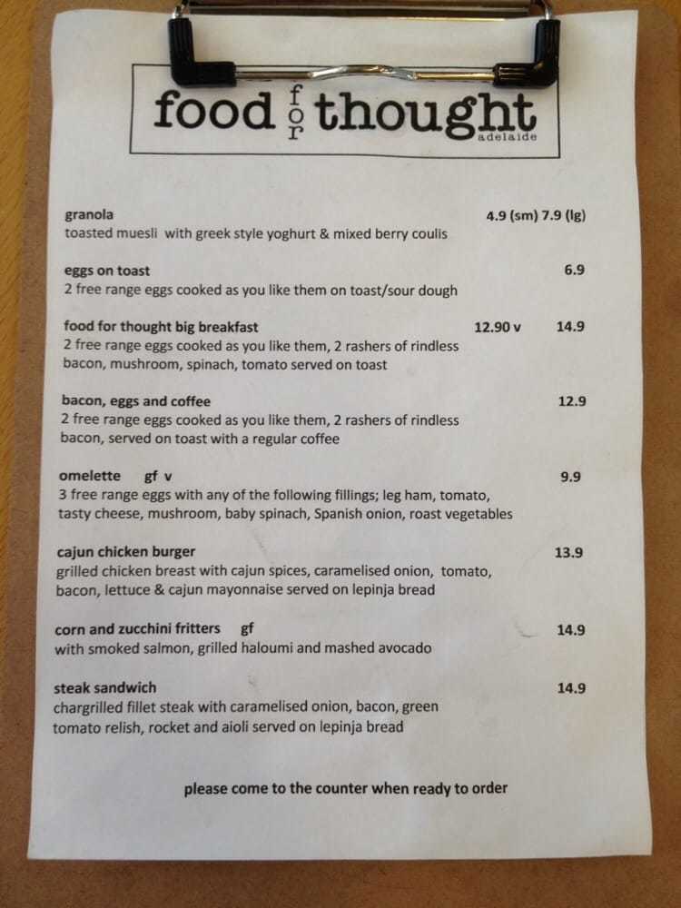 Menu at Food for Thought restaurant, Adelaide