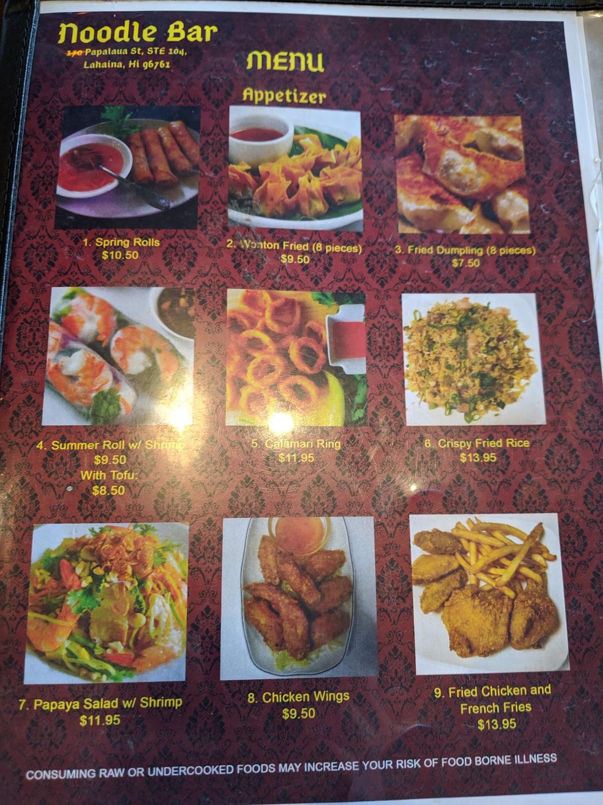 Menu at Noodle Bar, Lahaina