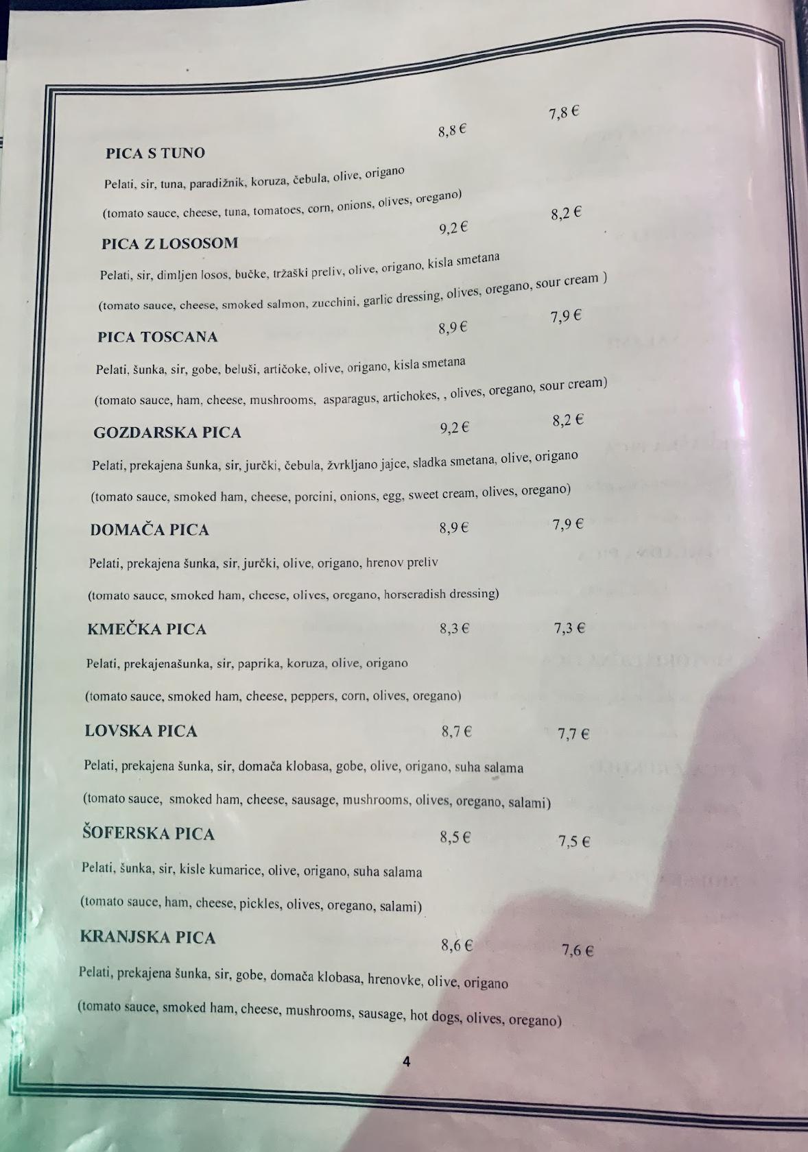 Menu di Picerija HITRI 