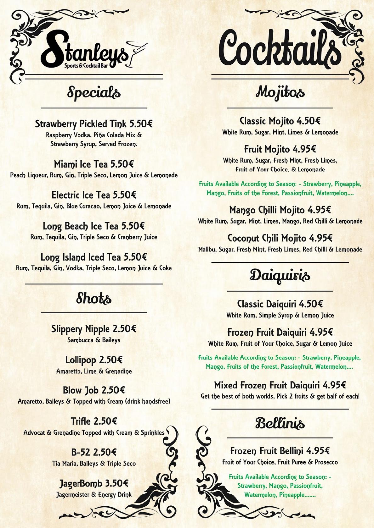 Menu at Stanley's Sports & Cocktail Bar, Puerto Rico de Gran Canaria