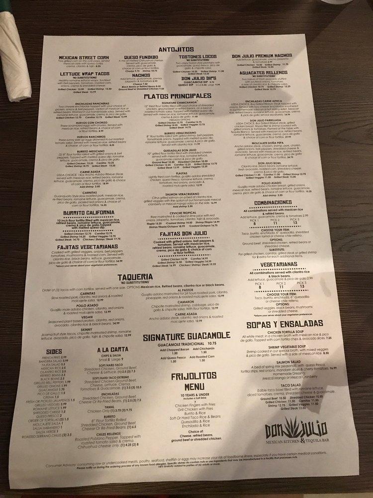 Carta de Don Julio Mexican Kitchen & Tequila Bar Eagle Creek, Orlando