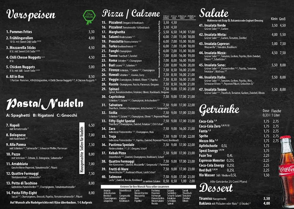 Speisekarte von FiftyEight Pizza, Leipheim