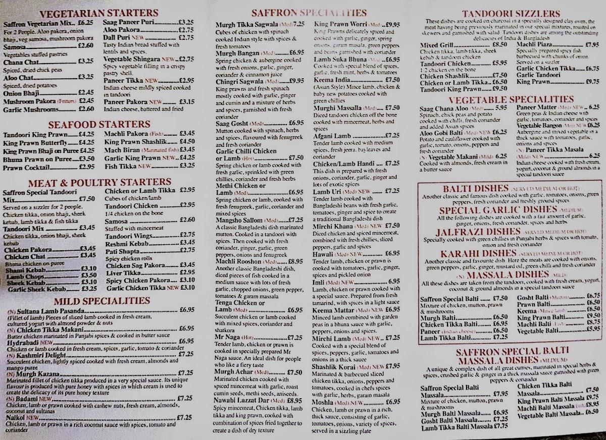 Menu at Saffron Garforth restaurant, Leeds, 11 Main St