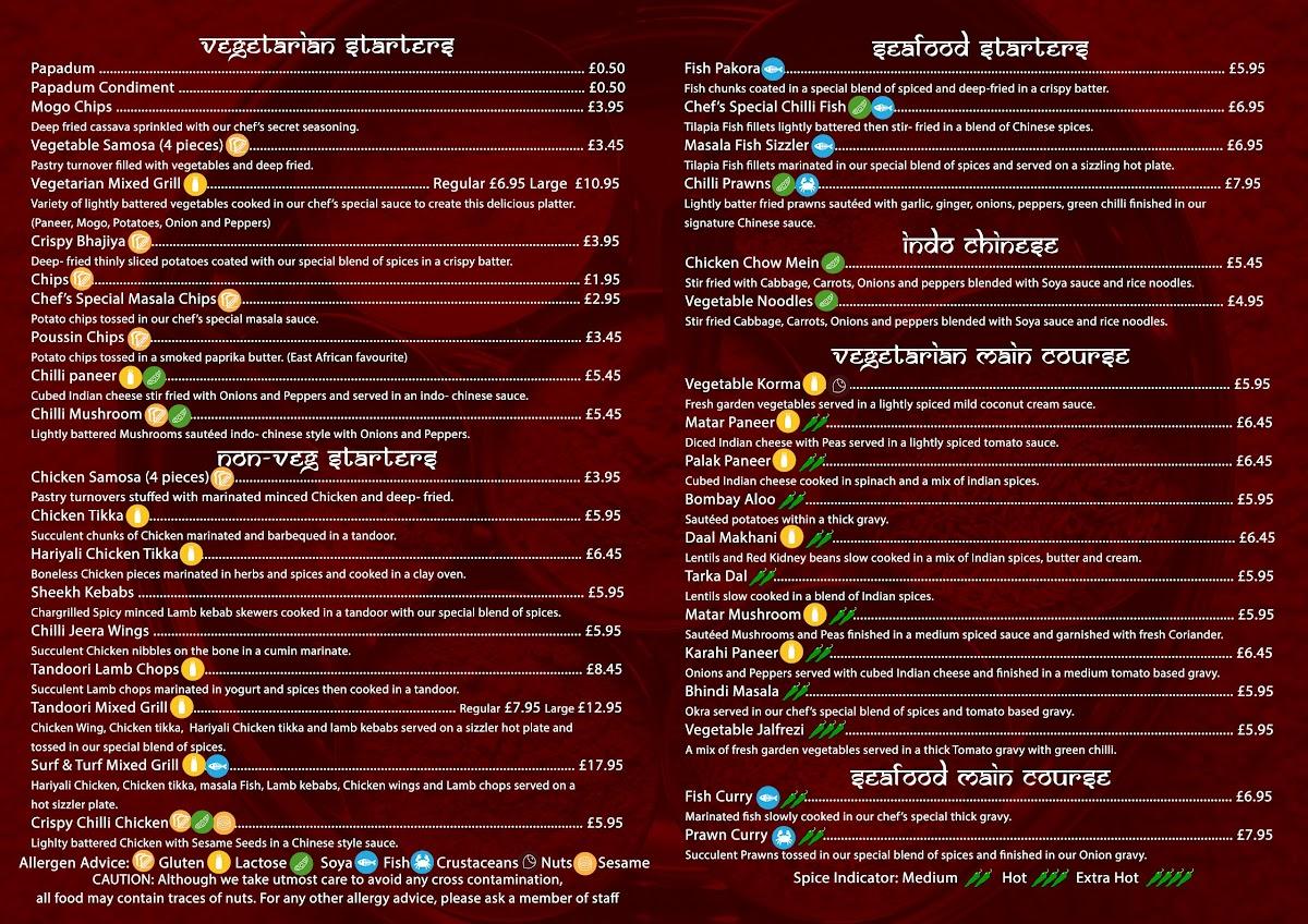 Menu at Three Kilns restaurant, Leicester