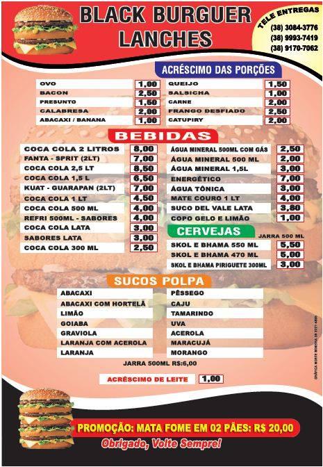 Menu at Black Burguer Lanches pub & bar, Montes Claros