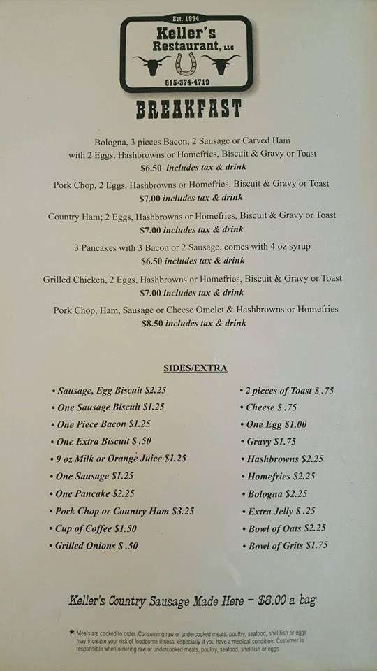 Menu at Keller's Bar & Grill, Castalian Springs, A085029 00204 00006029