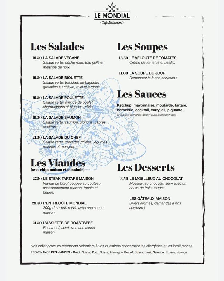 Menu at Le Mondial, Fribourg