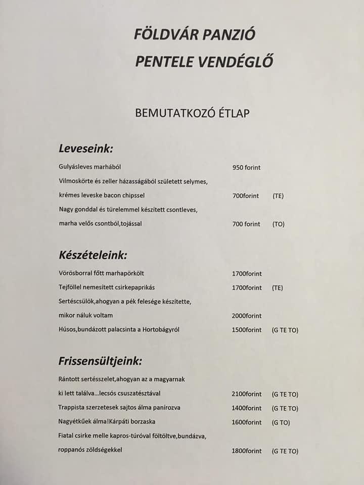 Menu at Pentele Vendéglő restaurant Dunaföldvár