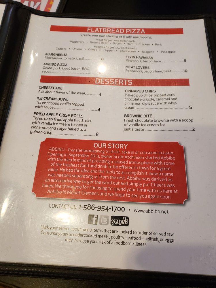 Menu at ABBIBO pub & bar, Mount Clemens