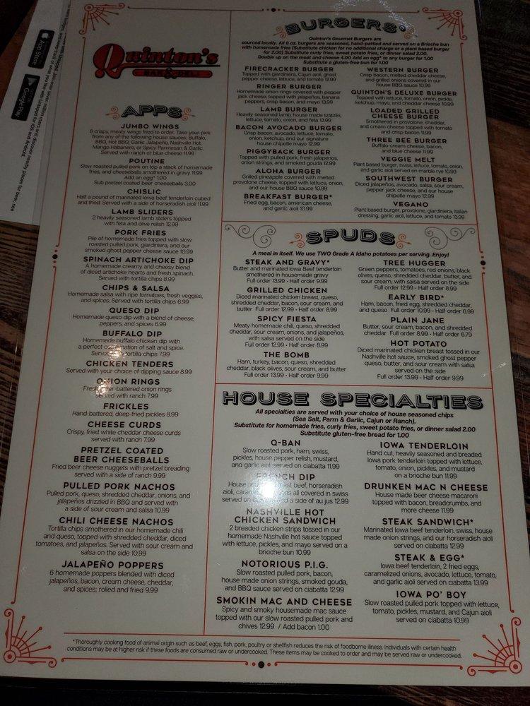 Menu at Quinton's Bar & Deli, Cedar Rapids