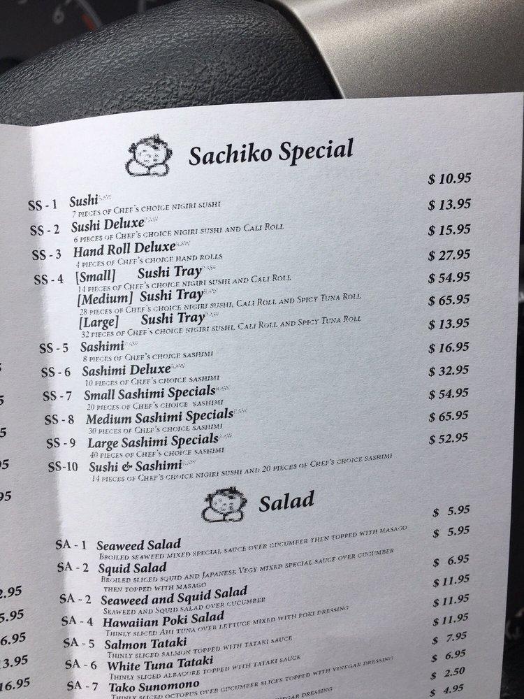 Menu at Sachiko Sushi restaurant, Tucson, N Wilmot Rd