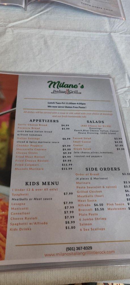 Menu at Milano's Italian Grill - Little Rock restaurant, Little Rock
