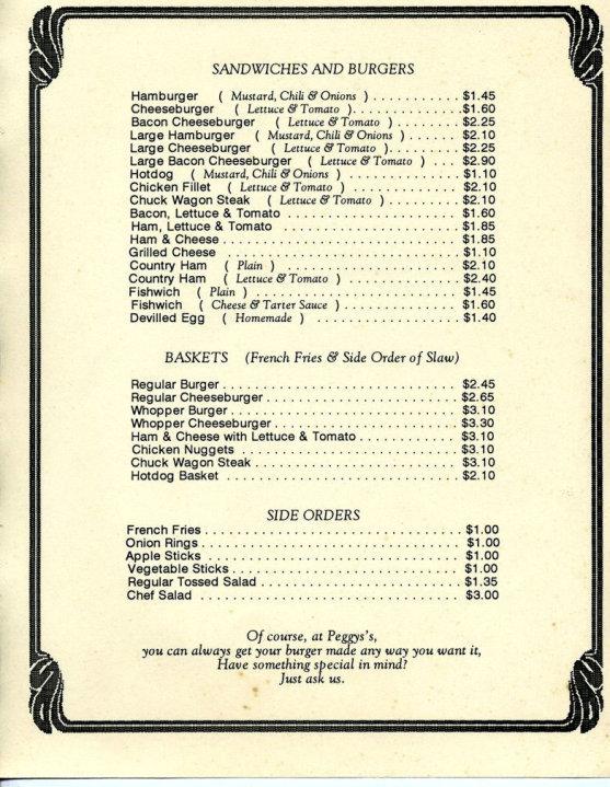 Menu At Peggy's Restaurant, Kings Mountain