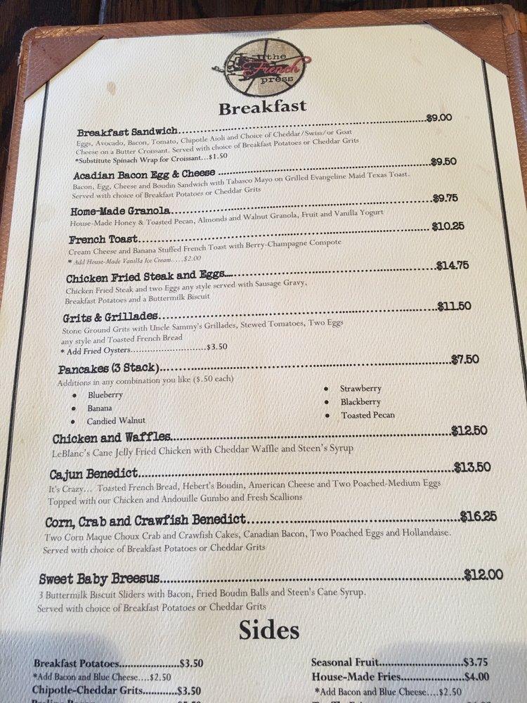 Menu at The French Press restaurant, Lafayette, 214 E Vermilion St
