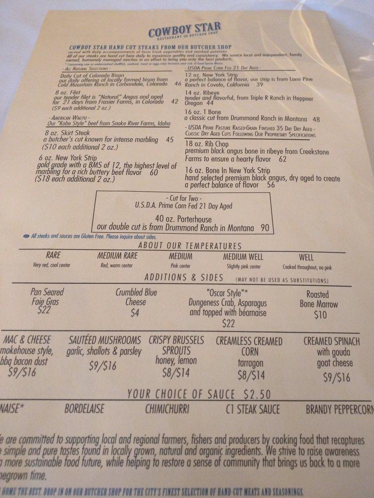 Menu at Cowboy Star Restaurant And Butcher Shop, Colorado Springs