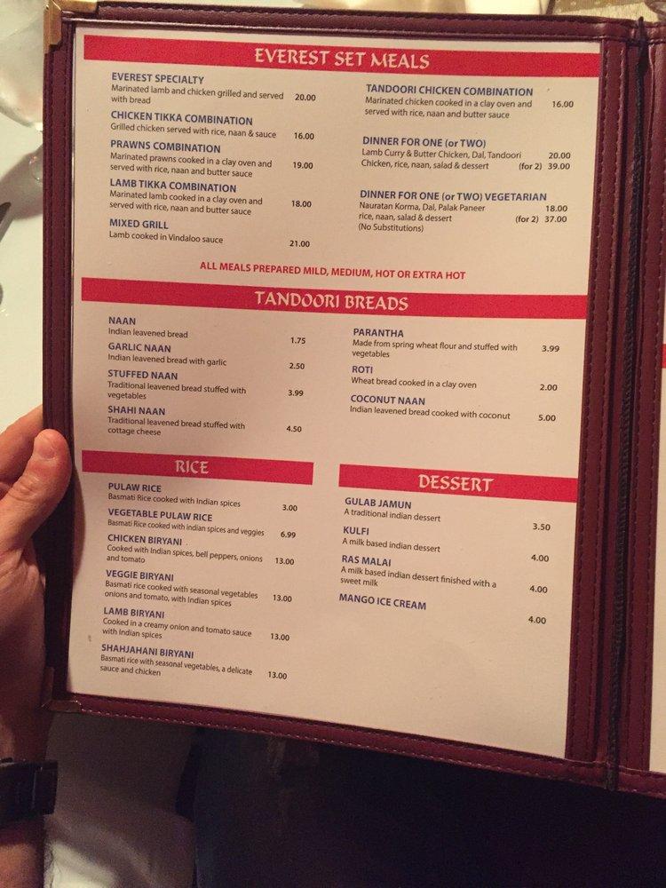 Menu at Everest Indian Restaurant, West Kelowna