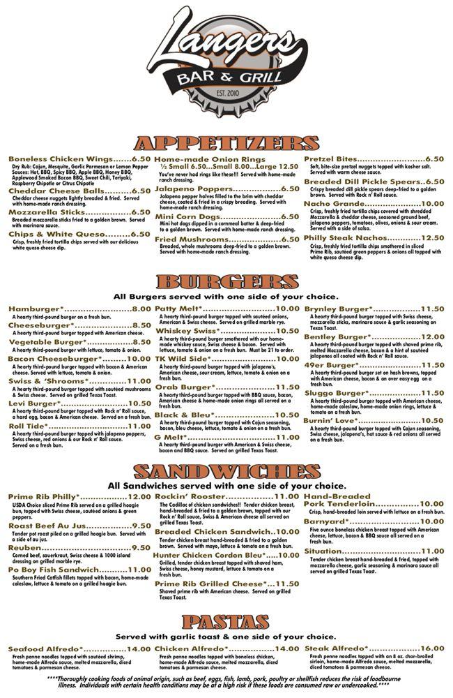 Menu at Langer's Bar &amp; Grill, Sheldon