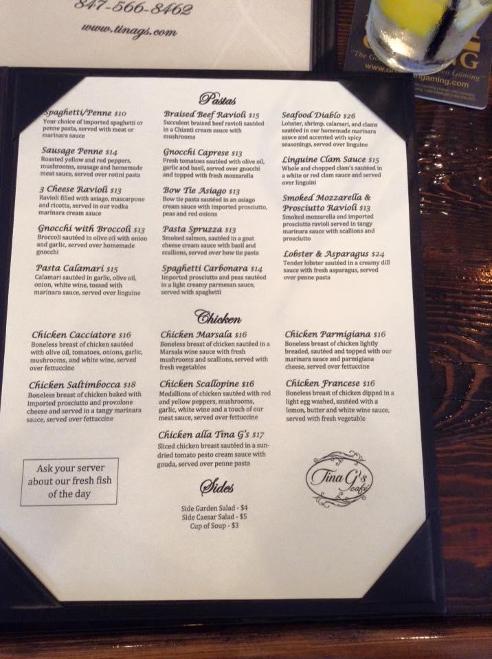 Menu at Tina G's restaurant, Mundelein