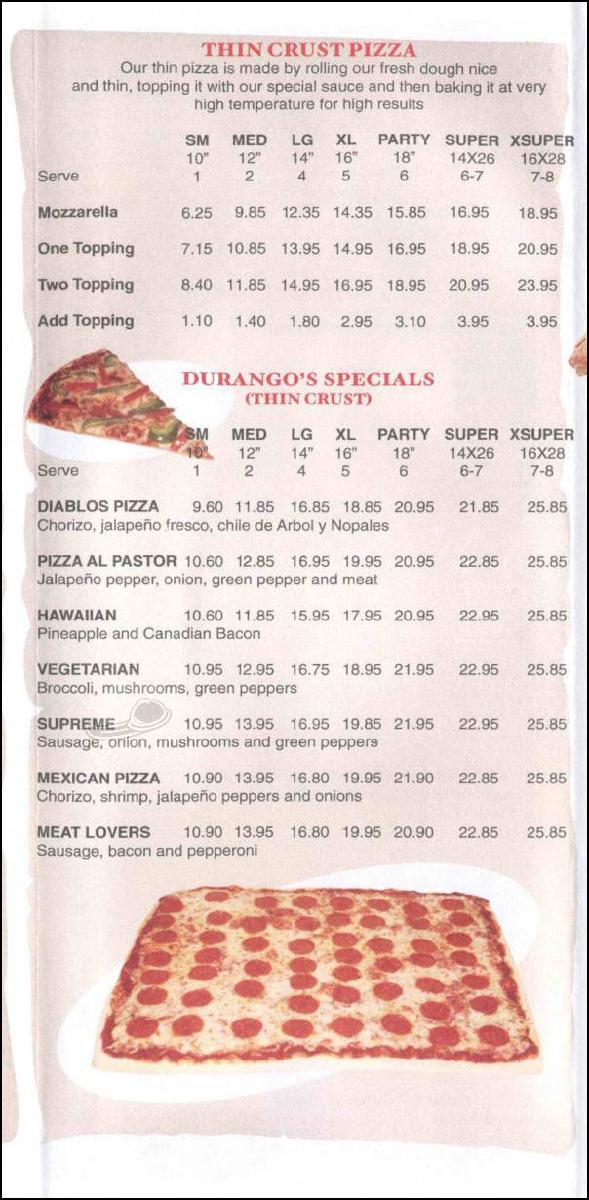 Menu at Durangos pizza and Mexican restaurant, Chicago