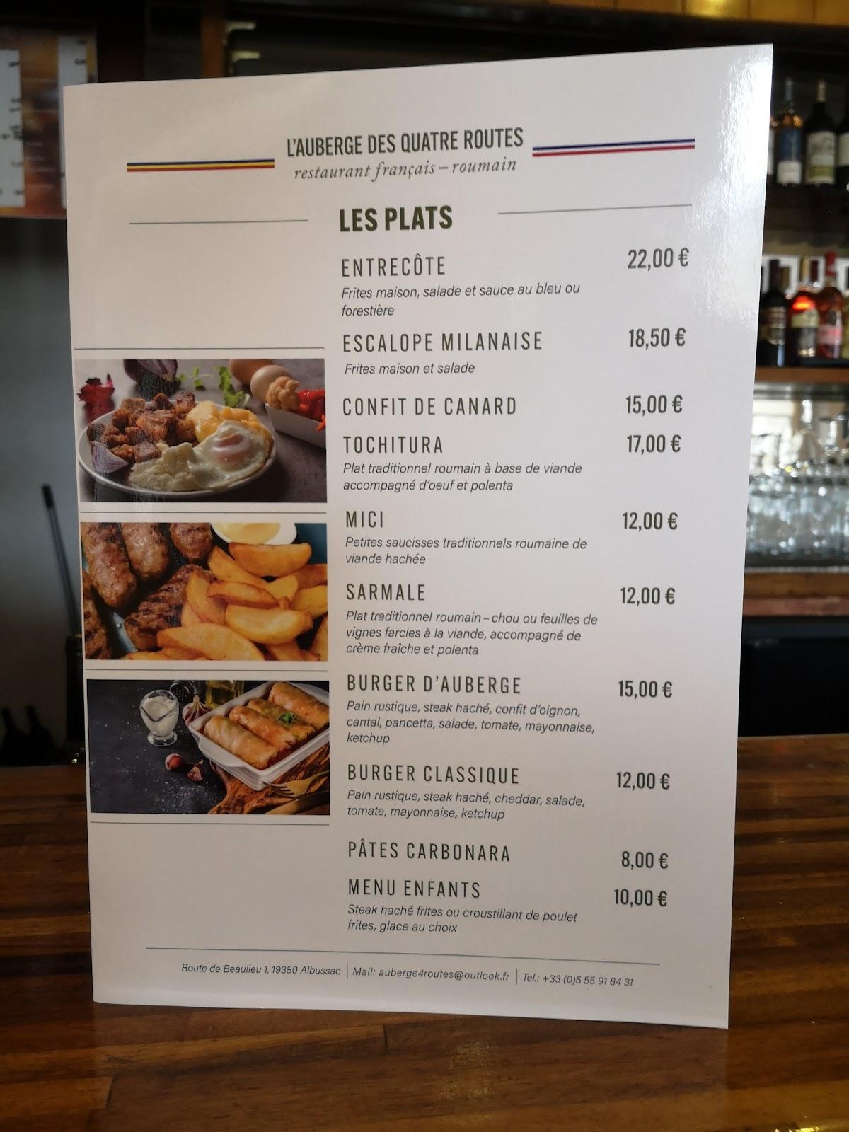 Menu au Restaurant L'AUBERGE DES QUATRE ROUTES Hébergement "Chambres