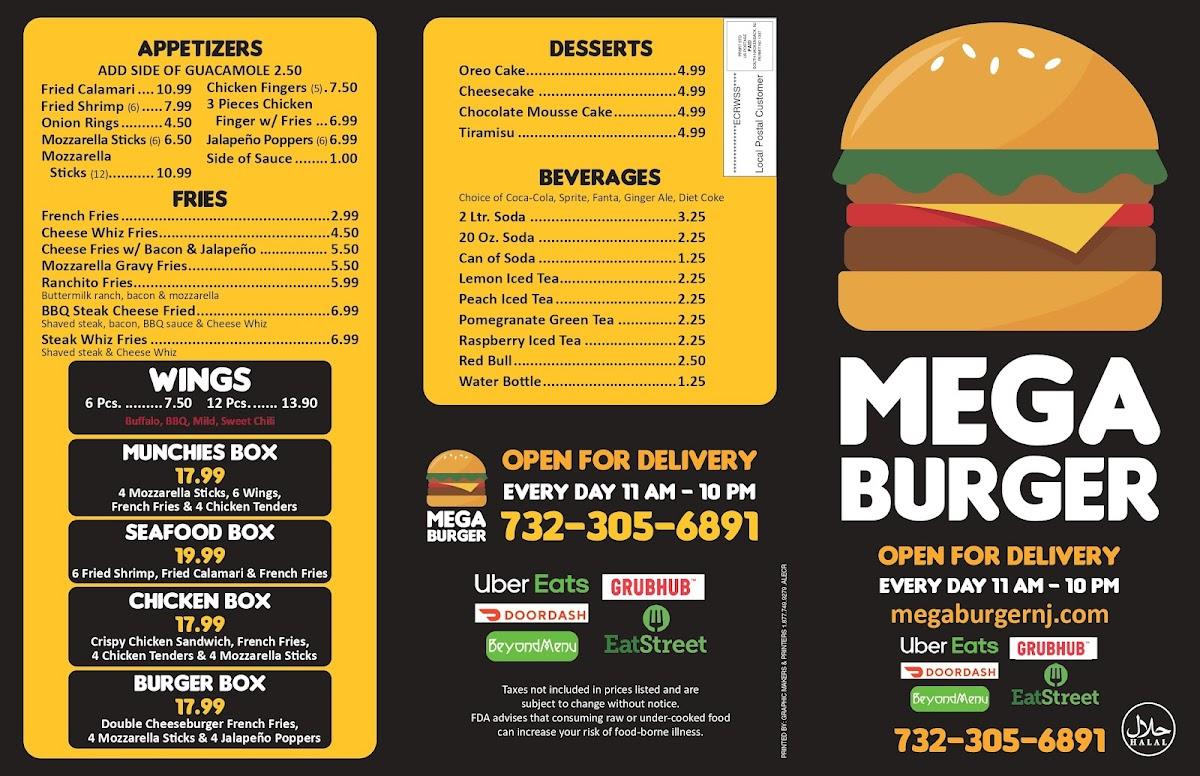 Menu at Mega Burger restaurant, North Brunswick Township