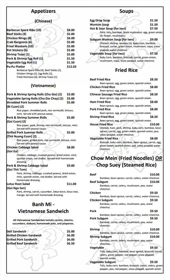 Menu at Nam Wah Chinese & Vietnamese Cuisine restaurant, Berea