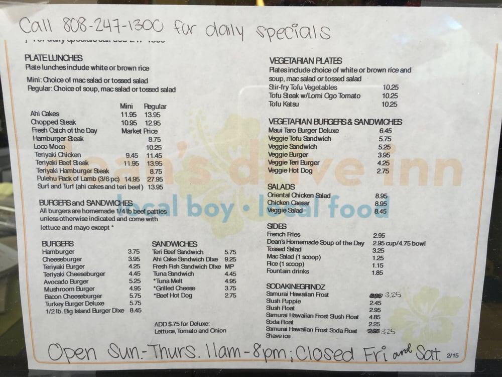 Menu at Deans Drive Inn restaurant, Kaneohe, 45270 William Henry Rd