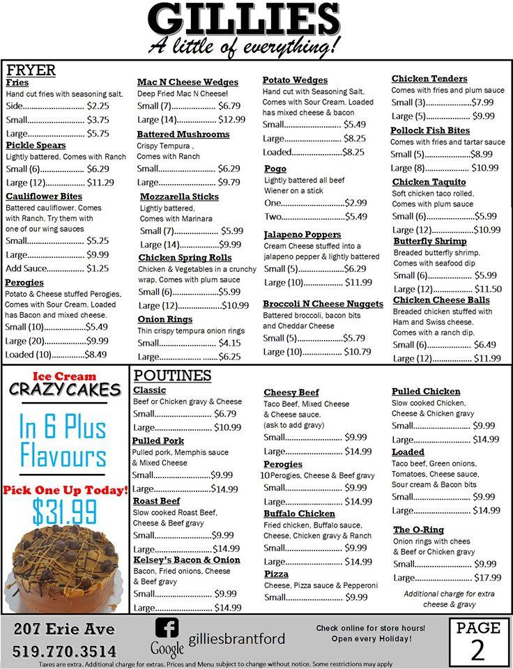 Menu at Gillies Takeout pizzeria, Brantford