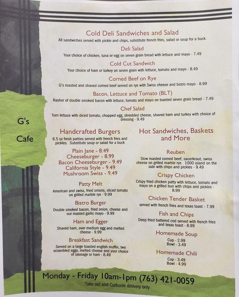 Menu at G's Cafe, Anoka