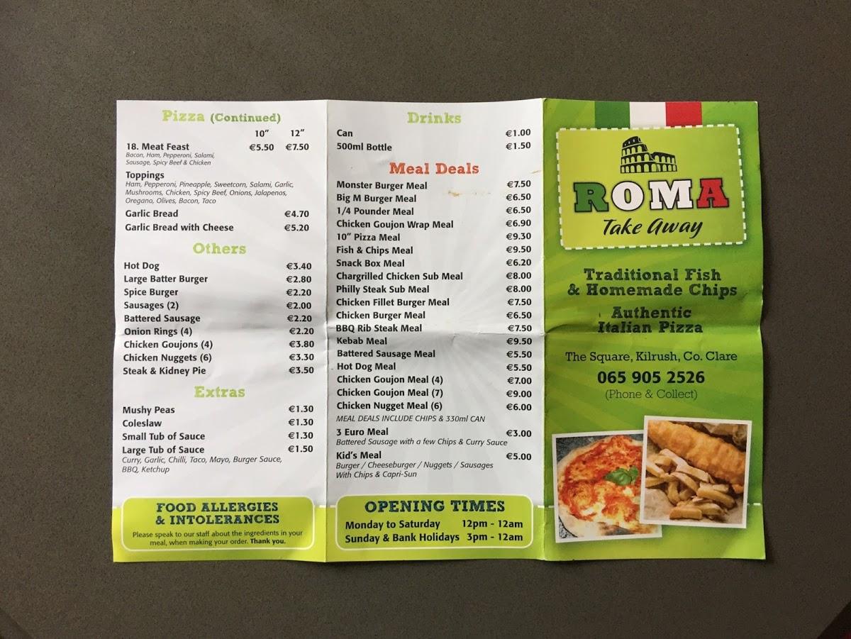 Menu at Roma Take Away restaurant, Kilrush