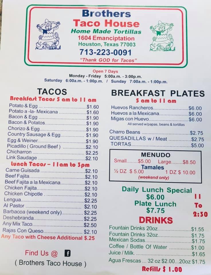 Menu at Brothers Taco House restaurant, Houston