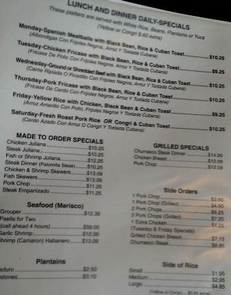 Menu at Rincon Cubano restaurant, Sarasota