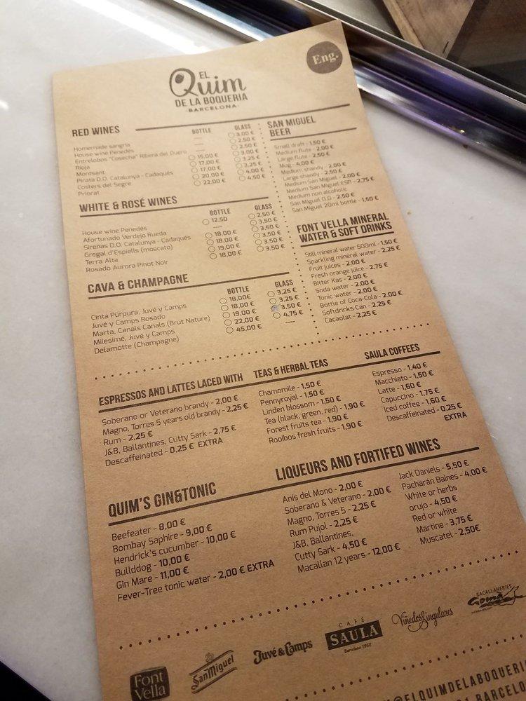 Menu at El Quim de la Boqueria pub & bar, Barcelona