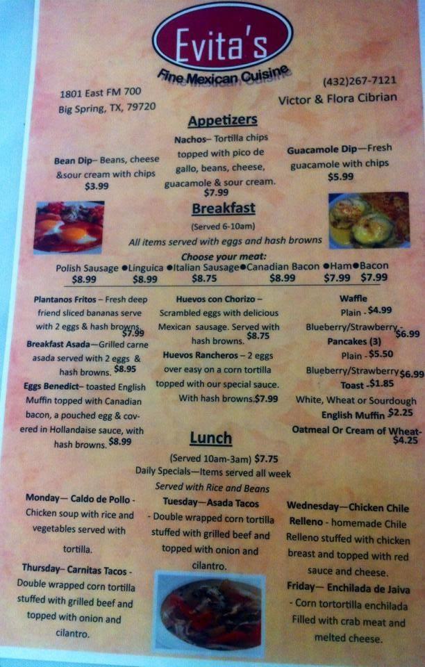 Menu at Evita's Fine Mexican Cuisine restaurant, Big Spring