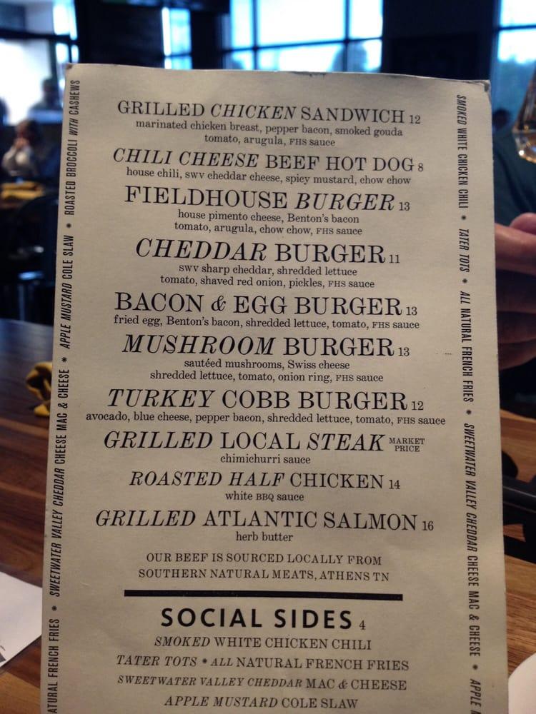 Menu at Fieldhouse Social pub & bar, Knoxville
